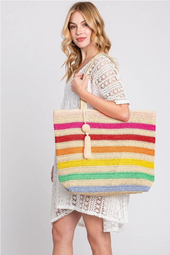 Amara Striped Crochet Tote Bag with Tassel