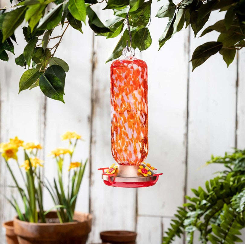 Red & White Glass Hummingbird Feeder