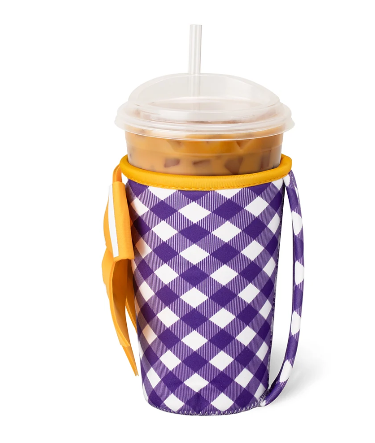 Purple & Gold Gingham Iced Cup Coolie (Medium)