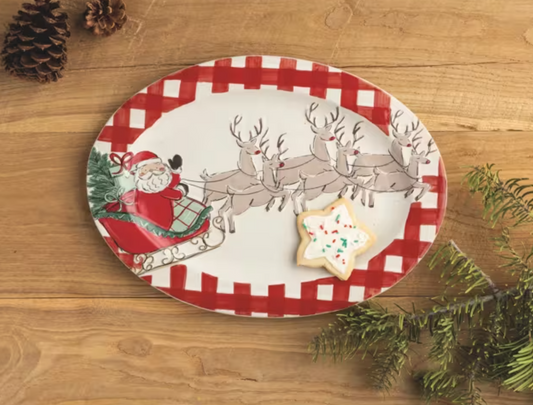 Santa Sleigh Gingham Platter
