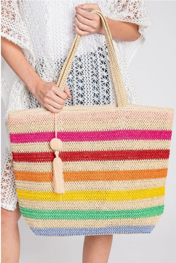 Amara Striped Crochet Tote Bag with Tassel