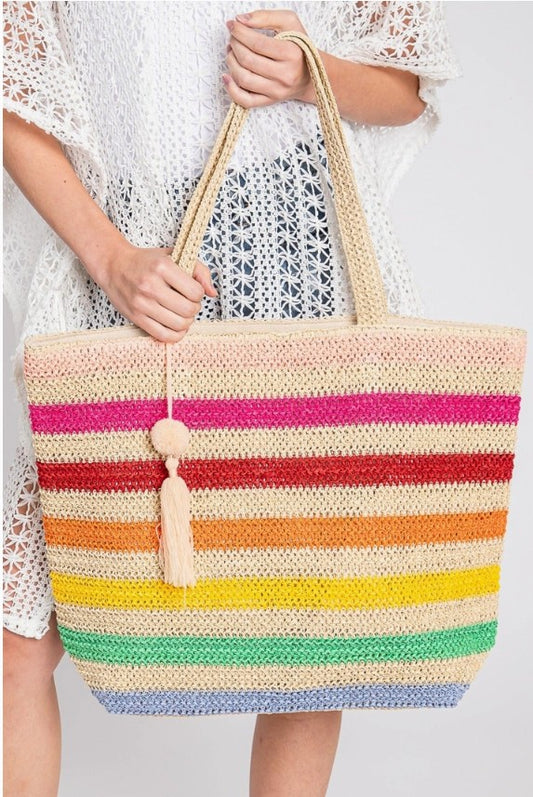 Amara Striped Crochet Tote Bag with Tassel