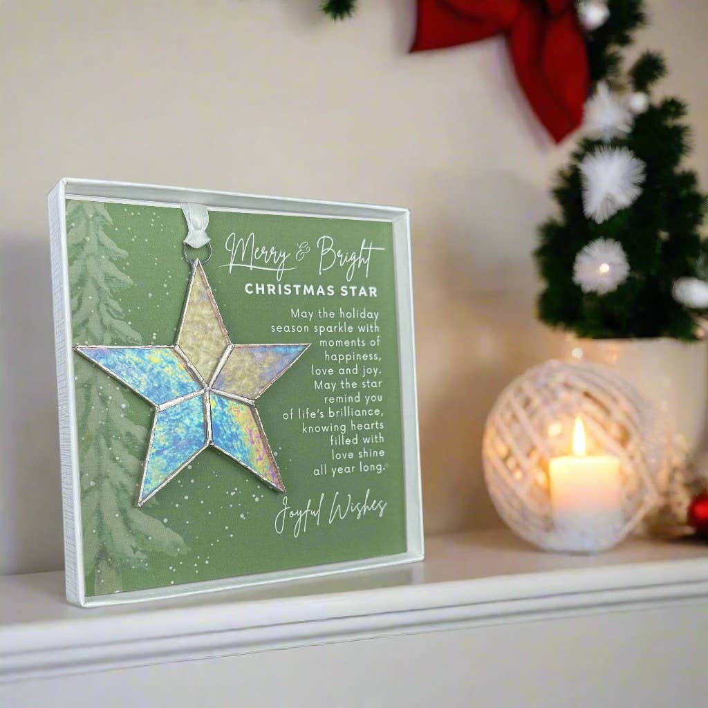 Merry & Bright Christmas Star Stained Glass Ornament