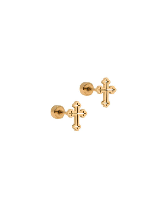 Latin Cross Screwback Stud Earrings - Gold