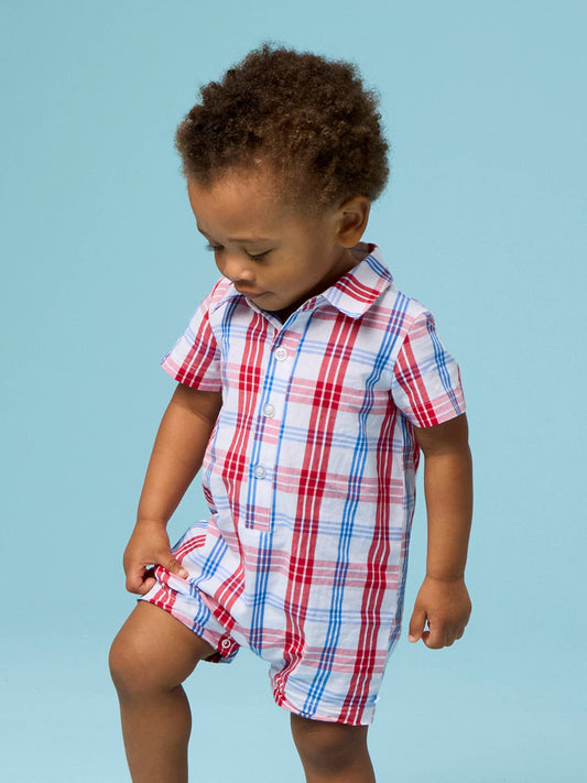 Lincoln Plaid Short Sleeve Woven Button-Up Romper
