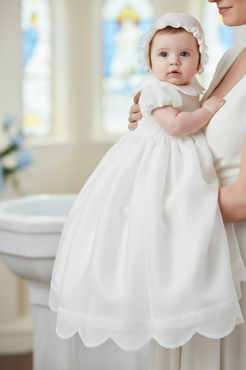 Baby Girl Baptism & Christening Gown Scallop with Bonnet