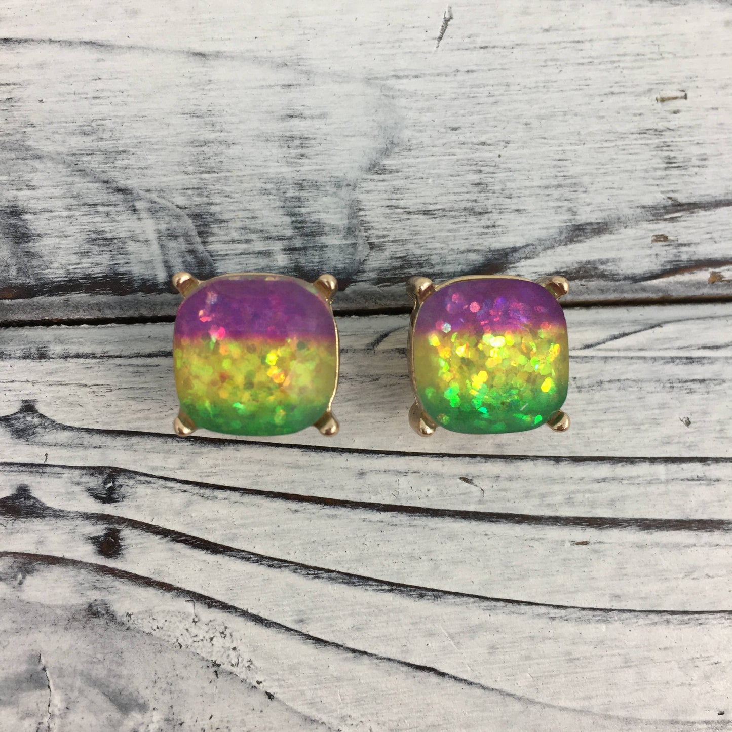 Mardi Gras Glitter Gradient Square Post Earrings