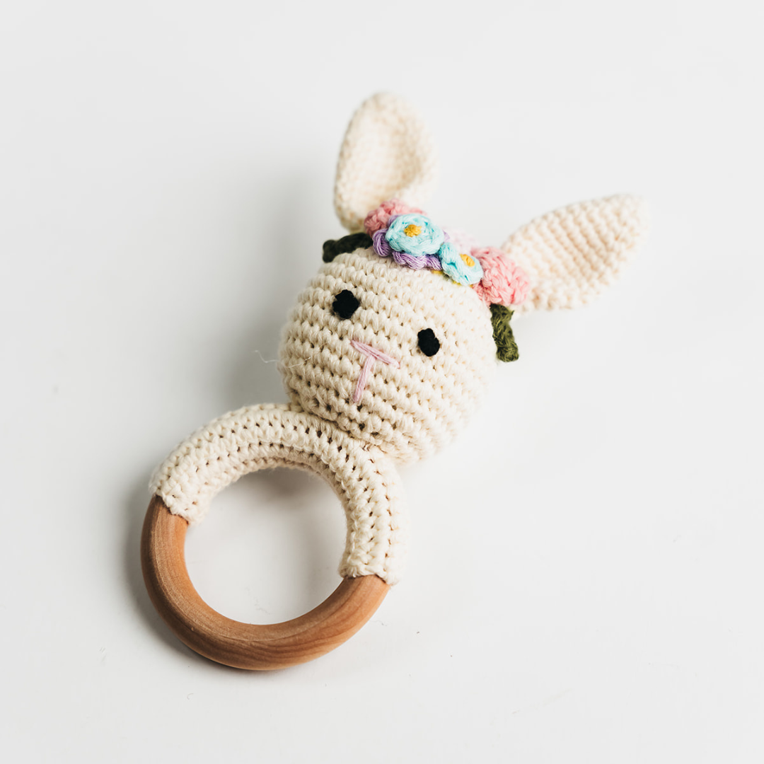 Cream Bunny Rattle with Floral Crown