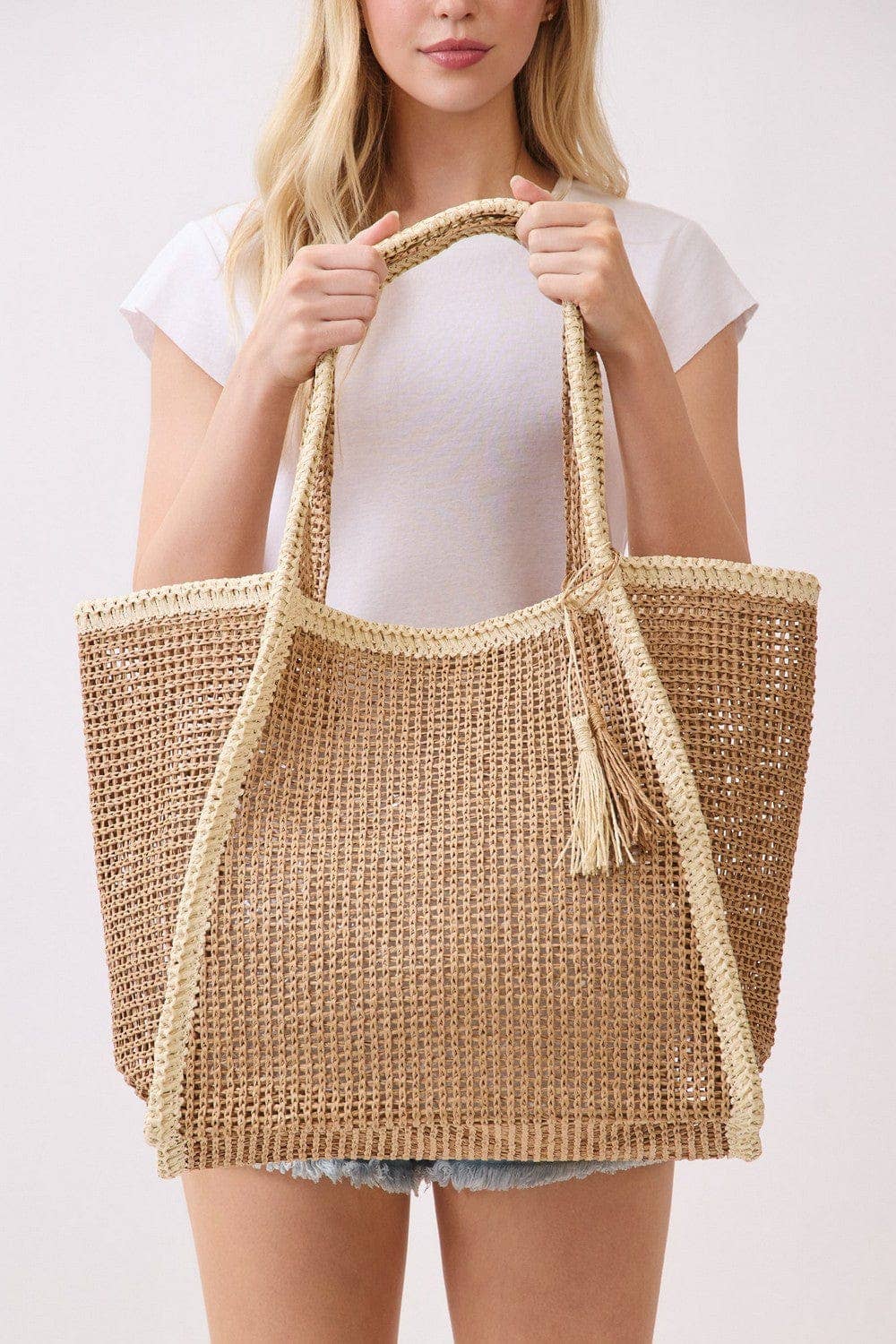 Two Tone Woven Straw Beach Tote Bag