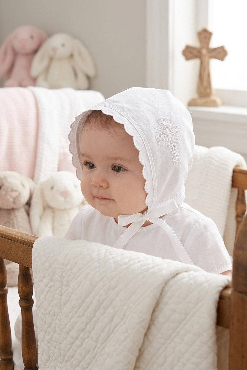 Embroidered Cross Christening Bonnet For Baby