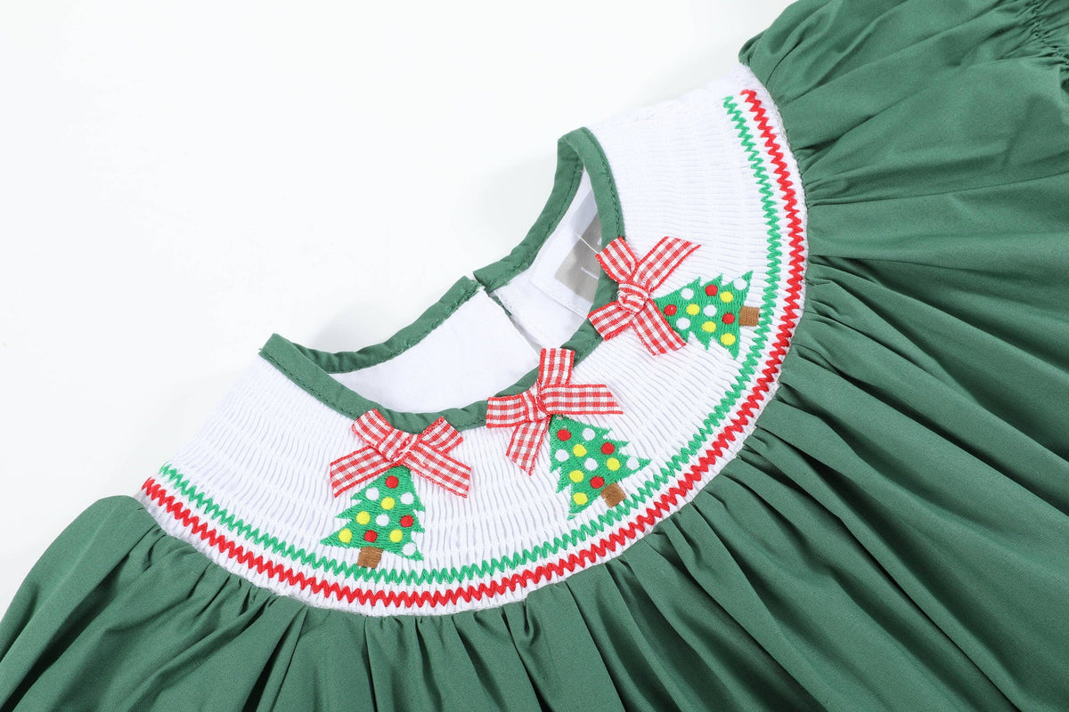 Green Christmas Tree Smocked Bishop Dress