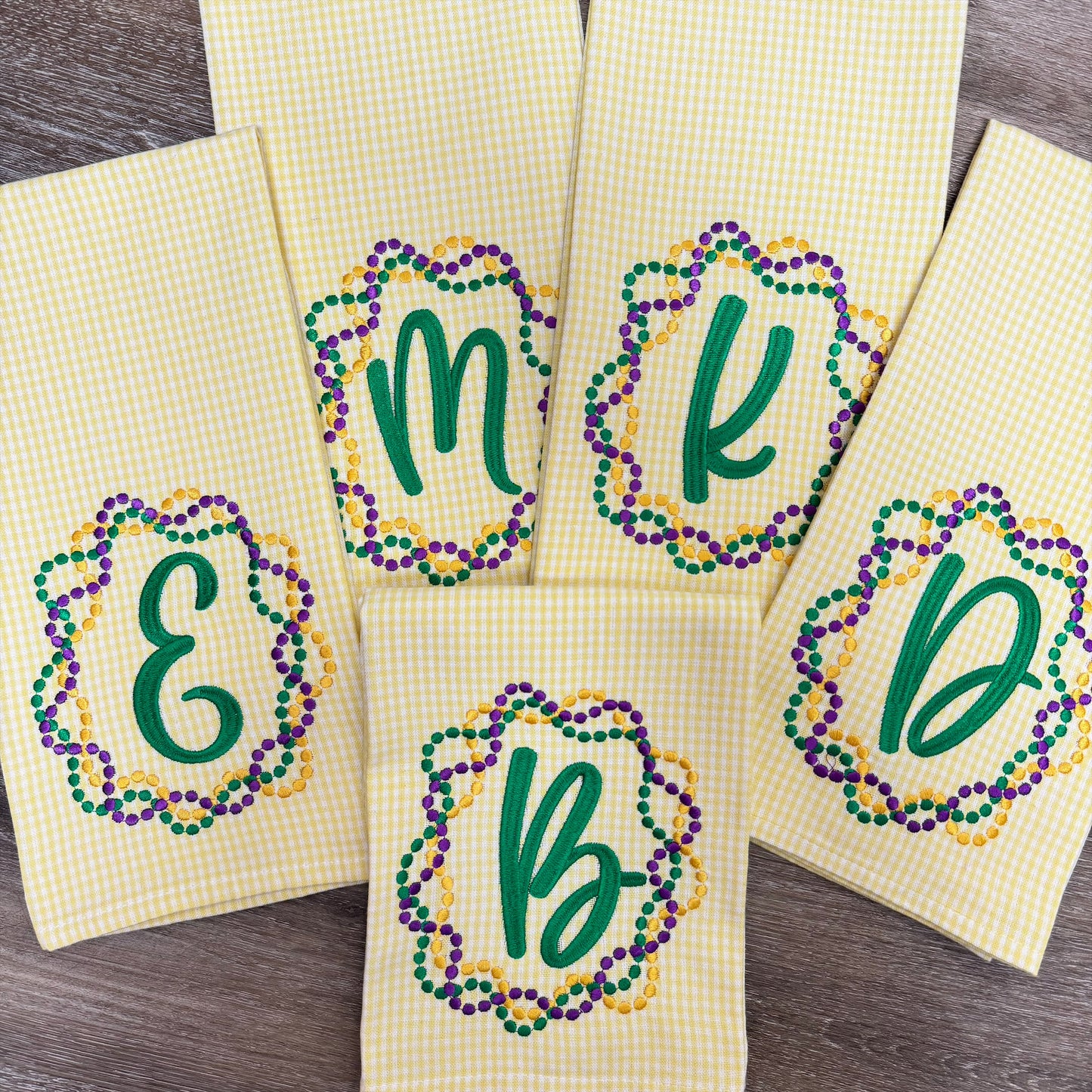 Mardi Gras Bead Embroidered Initial Tea Towel