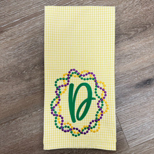 Mardi Gras Bead Embroidered Initial Tea Towel