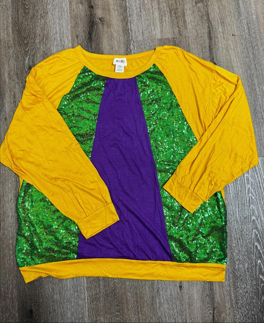 Mardi Gras Color Block Sequin Long Sleeve Tee