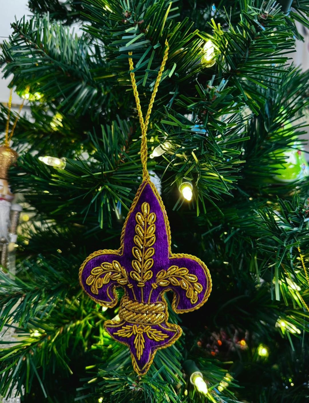 Purple/Gold Embroidered Fleur De Lis Ornament