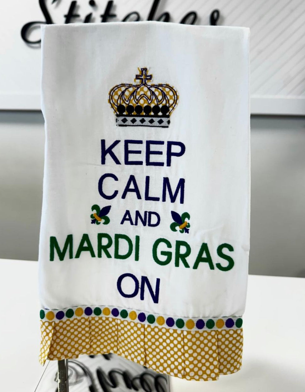 Keep Calm Embroidered Mardi Gras Tea Towel