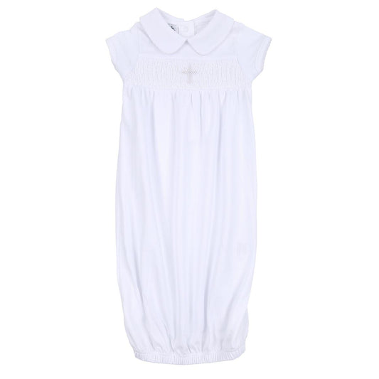 White Smocked Cross S/S Gown