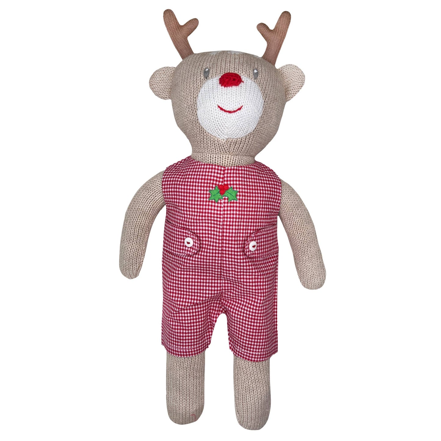 Knit Reindeer Doll with Red Check Romper