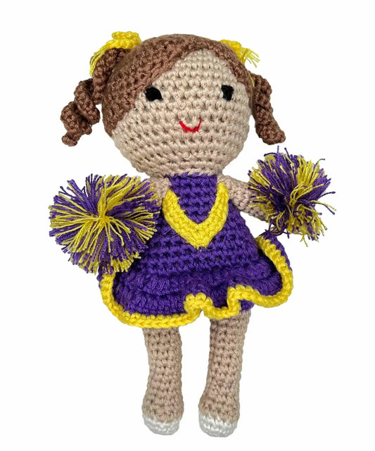 Cheerleader Bamboo Crochet Rattle   Purple/Gold