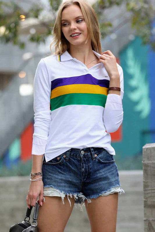 Mardi Gras Ladies Long Sleeve Polo T-shirt